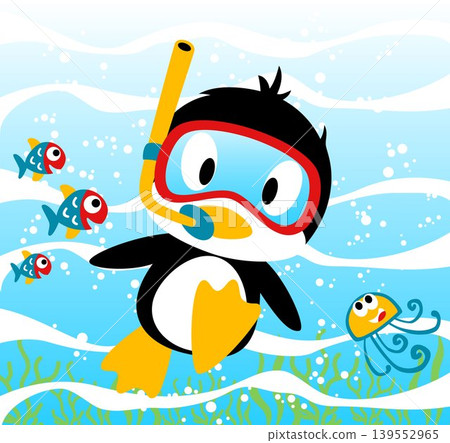 Cute penguin diving with marine animals undersea, vector cartoon illustration Cute penguin diving with marine animals undersea, vector cartoon illustration 139552965