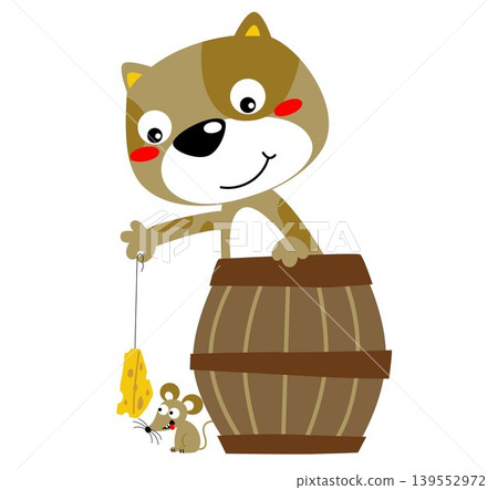 Funny cat in wooden barrel trap mice with cheese, vector cartoon illustration Funny cat in wooden barrel trap mice with cheese, vector cartoon illustration 139552972