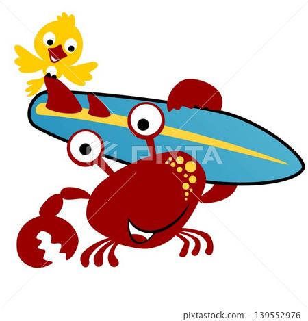 vector cartoon crabs carrying surfboard with a bird 139552976