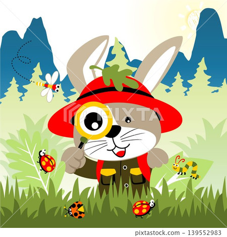 Funny rabbit holding magnifying glass with insects in study, vector cartoon illustration Funny rabbit holding magnifying glass with insects in study, vector cartoon illustration 139552983