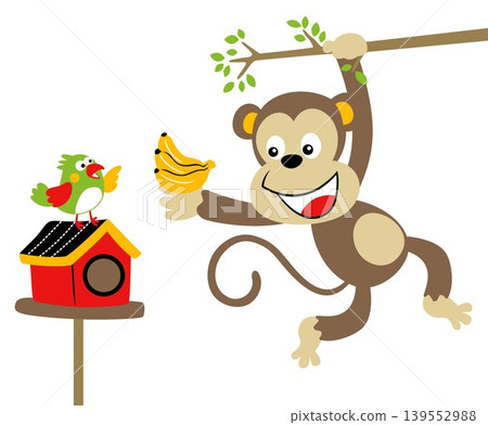 Cute monkey hanging in tree branches with banana, little bird on cage, vector cartoon illustration Cute monkey hanging in tree branches with banana, little bird on cage, vector cartoon illustration 139552988