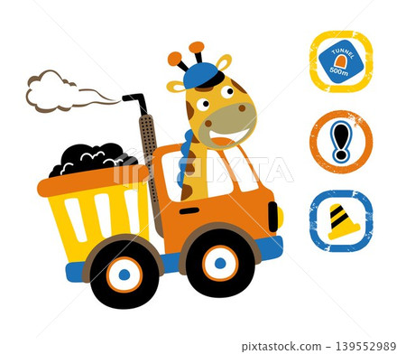 Cute giraffe driving truck with traffic signs, vector cartoon illustration Cute giraffe driving truck with traffic signs, vector cartoon illustration 139552989