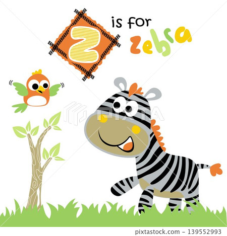 funny zebra with little bird, vector cartoon illustration funny zebra with little bird, vector cartoon illustration 139552993