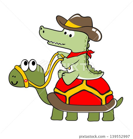 Cute crocodile wearing cowboy cap ride on giant turtle, vector cartoon illustration Cute crocodile wearing cowboy cap ride on giant turtle, vector cartoon illustration 139552997