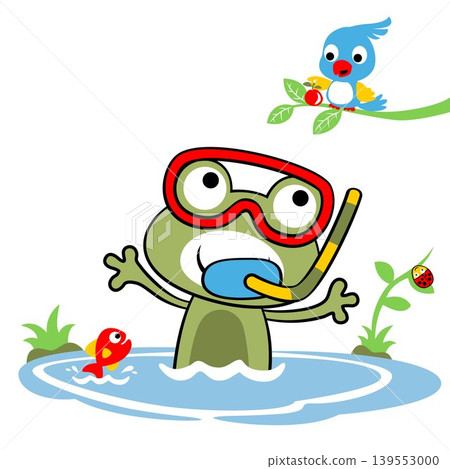 Cute frog wearing diving goggles with fish in pond, little bird with fruit on tree branches, vector cartoon illustration Cute frog wearing diving goggles with fish in pond, little bird with fruit on tree branches, vector cartoon illustration 139553000