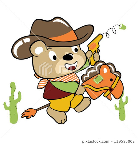Funny bear in cowboy costume with gun toy riding stick horse, vector cartoon illustration Funny bear in cowboy costume with gun toy riding stick horse, vector cartoon illustration 139553002