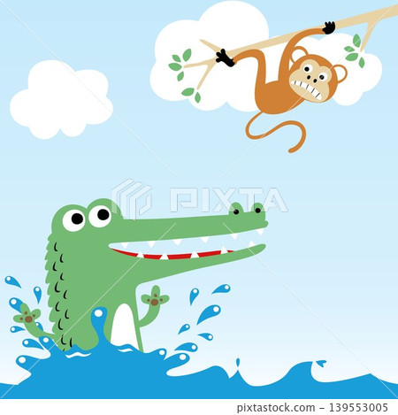 Funny monkey hanging on tree branches and crocodile in water, vector cartoon illustration Funny monkey hanging on tree branches and crocodile in water, vector cartoon illustration 139553005