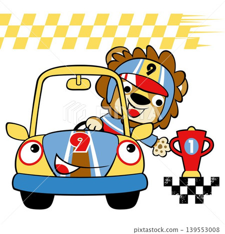 Cute lion with trophy winning car racing, vector cartoon illustration Cute lion with trophy winning car racing, vector cartoon illustration 139553008