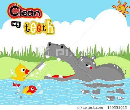 Funny animals in river, little duck brushing hippo teeth, vector cartoon illustration Funny animals in river, little duck brushing hippo teeth, vector cartoon illustration 139553015