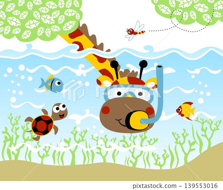 Funny giraffes wearing diving goggles with marine animals and dragonfly, vector cartoon illustration Funny giraffes wearing diving goggles with marine animals and dragonfly, vector cartoon illustration 139553016