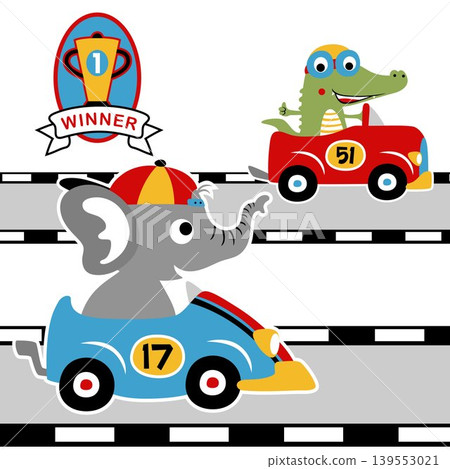 Cute elephant with crocodile in racing car, vector cartoon illustration Cute elephant with crocodile in racing car, vector cartoon illustration 139553021