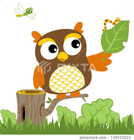 Nice owl on tree branches holding leaf with insects, vector cartoon illustration Nice owl on tree branches holding leaf with insects, vector cartoon illustration 139553022