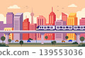 Modern Sunset City Metro Train Flat Vector Illustration.Cityscape with skyscrapers and train. 139553036