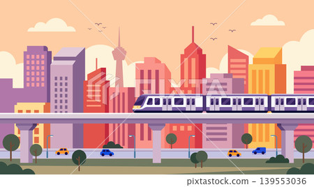 Modern Sunset City Metro Train Flat Vector Illustration.Cityscape with skyscrapers and train. Modern Sunset City Metro Train Flat Vector Illustration.Cityscape with skyscrapers and train. 139553036