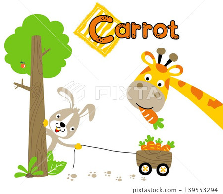 Funny giraffe eating carrot, cute rabbit in tree pulling carrots with cart, vector cartoon illustration 139553294