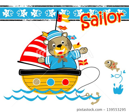 Funny cat in sailor costume on sailboat with a fish, vector cartoon illustration 139553295