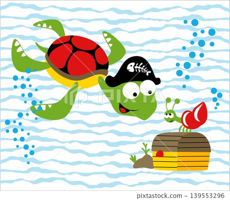Cute turtle and hermit crab with treasure chest undersea, vector cartoon illustration Cute turtle and hermit crab with treasure chest undersea, vector cartoon illustration 139553296