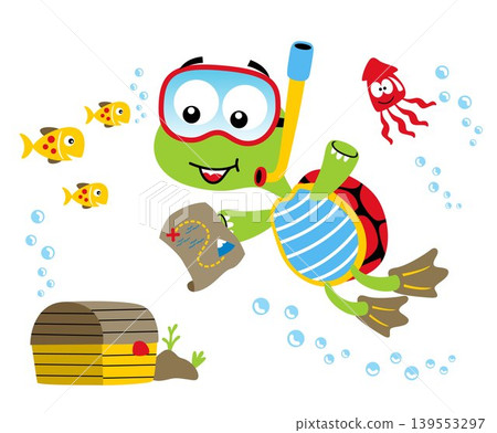 Cute turtle wearing diving goggles with fishes and squid finding treasure chest undersea, vector cartoon illustration Cute turtle wearing diving goggles with fishes and squid finding treasure chest undersea, vector cartoon illustration 139553297