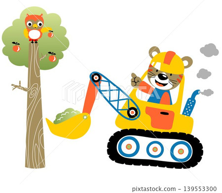 Funny cat on construction vehicle, owl on tree holding fruit, vector cartoon illustration Funny cat on construction vehicle, owl on tree holding fruit, vector cartoon illustration 139553300