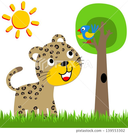 Funny leopard with bird on a tree, vector cartoon illustration 139553302