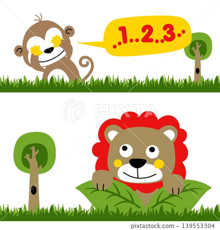playing hide and seek in jungle with monkey and lion, vector cartoon illustration playing hide and seek in jungle with monkey and lion, vector cartoon illustration 139553304