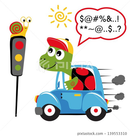 Cute turtle driving car with snail on stoplight, vector cartoon illustration Cute turtle driving car with snail on stoplight, vector cartoon illustration 139553310