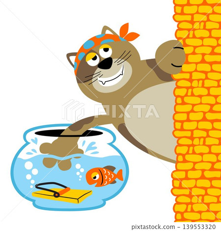 fish trap in jar for bad cat, funny animals cartoon, vector cartoon illustration fish trap in jar for bad cat, funny animals cartoon, vector cartoon illustration 139553320