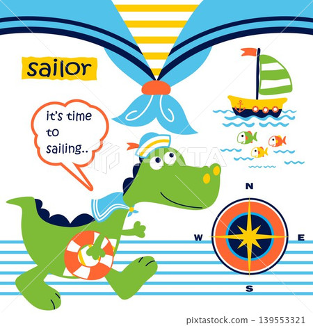 Cute dinosaur the funny sailor with sailing elements, vector cartoon illustration Cute dinosaur the funny sailor with sailing elements, vector cartoon illustration 139553321