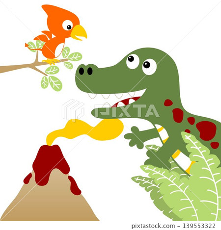 Funny dinosaurs on volcano eruption background, vector cartoon illustration Funny dinosaurs on volcano eruption background, vector cartoon illustration 139553322
