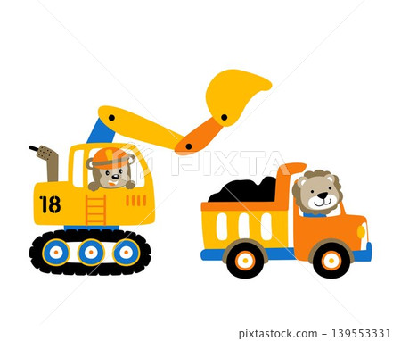 Funny monkey on backhoe loader, cute lion on dump truck, vector cartoon illustration Funny monkey on backhoe loader, cute lion on dump truck, vector cartoon illustration 139553331