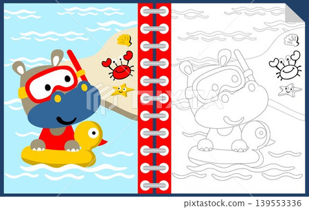 Vector cartoon of cute hippo wearing diving goggles in duck ring with marine animals in the beach, coloring book or page 139553336