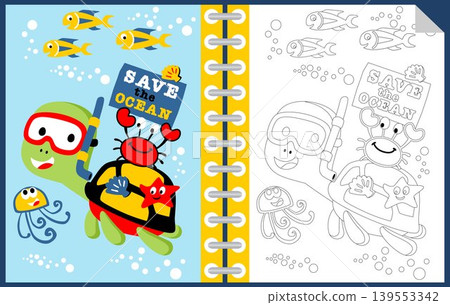 Funny marine animals cartoon with save the ocean campaign board, coloring book or page Funny marine animals cartoon with save the ocean campaign board, coloring book or page 139553342