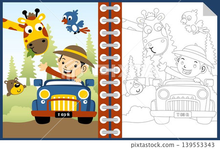 Cartoon boy on car with funny animals in forest, coloring book or page Cartoon boy on car with funny animals in forest, coloring book or page 139553343