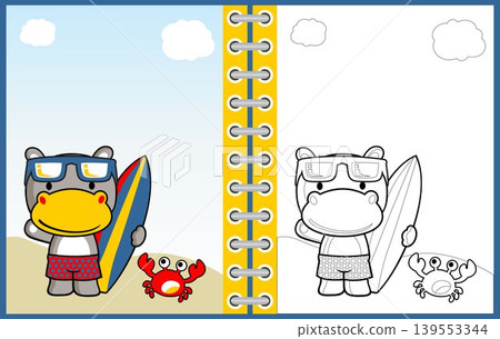 Cute hippo holding surfboard with crab, vector cartoon illustration, coloring page or book 139553344