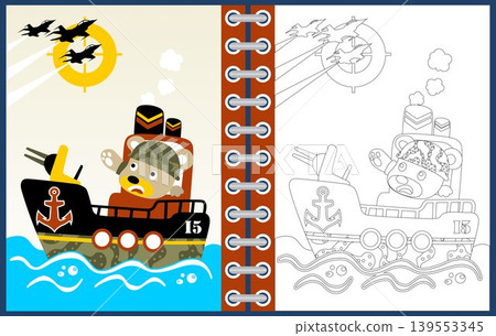 Funny bear on warship, vector cartoon illustration, coloring page or book 139553345