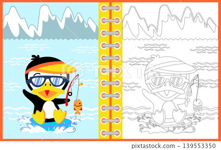 Vector cartoon of cute penguin fishing on ice mountain background, coloring page or book Vector cartoon of cute penguin fishing on ice mountain background, coloring page or book 139553350