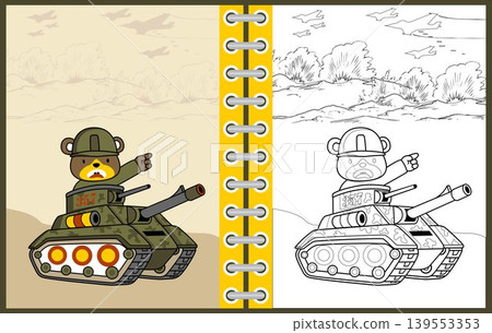 Cute bear soldier on armored vehicle, vector cartoon illustration, coloring page or book 139553353