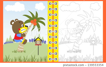 funny bear cartoon climbing palm tree in garden, coloring book or page funny bear cartoon climbing palm tree in garden, coloring book or page 139553354