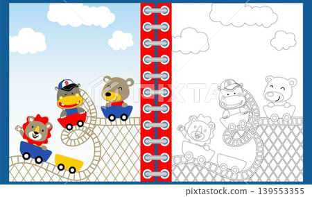Cute animals cartoon on roller coaster, coloring book or page 139553355