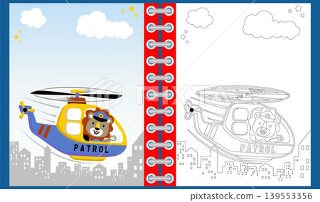 Vector cartoon of cute lion on helicopter, coloring book or page Vector cartoon of cute lion on helicopter, coloring book or page 139553356