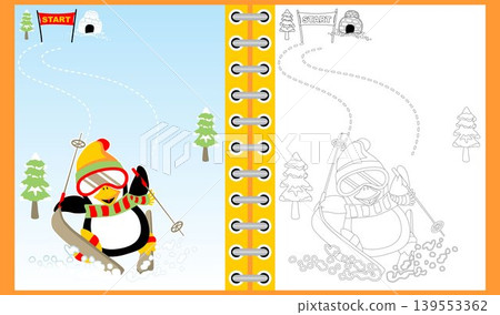 Cute penguin cartoon skiing at winter, coloring book or page Cute penguin cartoon skiing at winter, coloring book or page 139553362