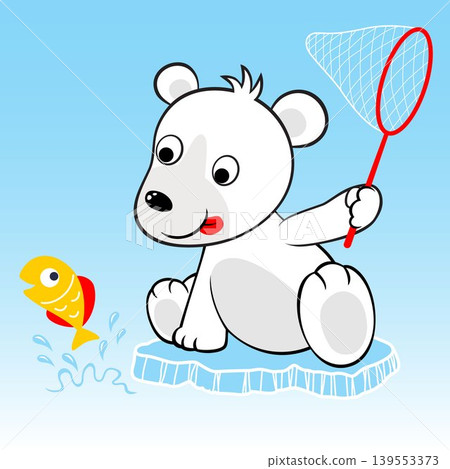 Cute polar bear try to catch fish with fish net, vector cartoon illustration Cute polar bear try to catch fish with fish net, vector cartoon illustration 139553373