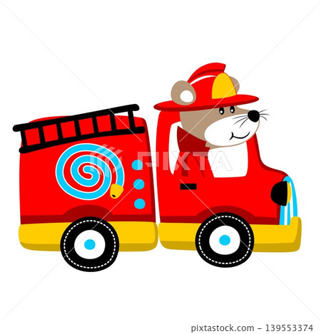 Funny mouse on firetruck, vector cartoon illustration Funny mouse on firetruck, vector cartoon illustration 139553374
