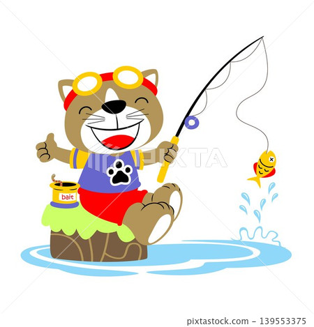 fishing time with funny cat, vector cartoon illustration fishing time with funny cat, vector cartoon illustration 139553375