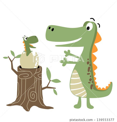 Vector illustration of cute dinosaur with it newborn baby on tree stump Vector illustration of cute dinosaur with it newborn baby on tree stump 139553377