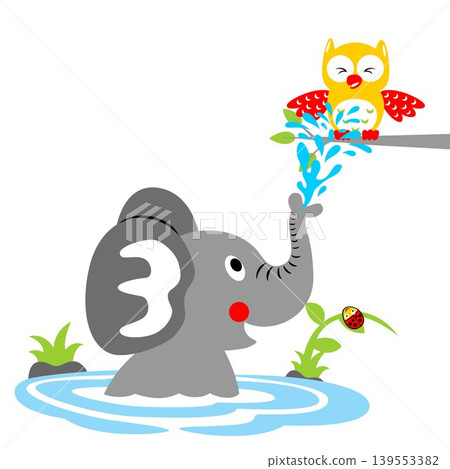 Funny elephant spraying water to owl on tree branches, ladybug on grass, vector cartoon illustration Funny elephant spraying water to owl on tree branches, ladybug on grass, vector cartoon illustration 139553382