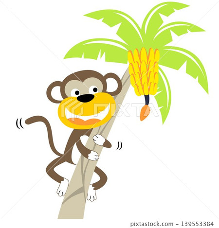 Funny monkey climbing banana tree, vector cartoon illustration 139553384