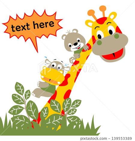 Little bear and hippo sliding on giraffe's neck, vector cartoon illustration Little bear and hippo sliding on giraffe's neck, vector cartoon illustration 139553389
