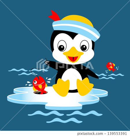 Cute penguin wearing sailor cap fishing on ice chunk, vector cartoon illustration Cute penguin wearing sailor cap fishing on ice chunk, vector cartoon illustration 139553391