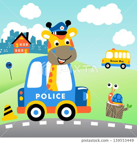 Cute giraffe driving police car with little snail on tree stump, city traffic elements, vector cartoon illustration Cute giraffe driving police car with little snail on tree stump, city traffic elements, vector cartoon illustration 139553449